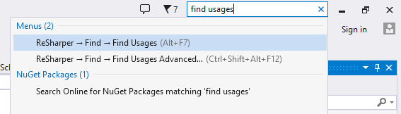 快速启动框中的 ReSharper 命令