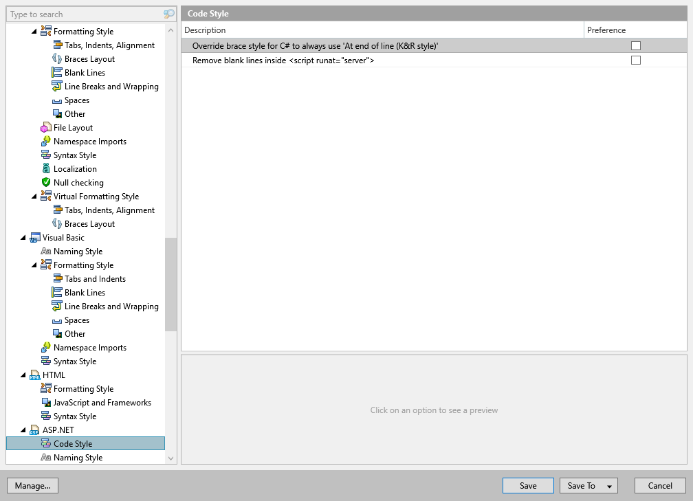 ReSharper options: Code Editing | ASP.NET | Code Style ReSharper options: Code Editing | ASP.NET | Code Style