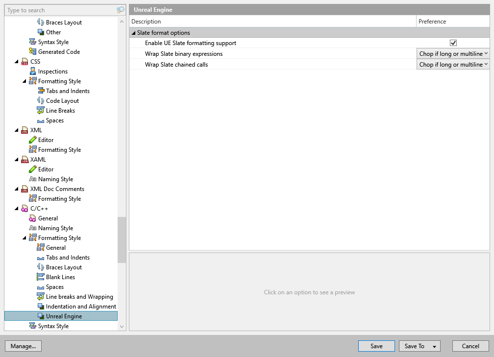 ReSharper options: Code Editing | C/C++ | Formatting Style | Unreal Engine ReSharper options: Code Editing | C/C++ | Formatting Style | Unreal Engine