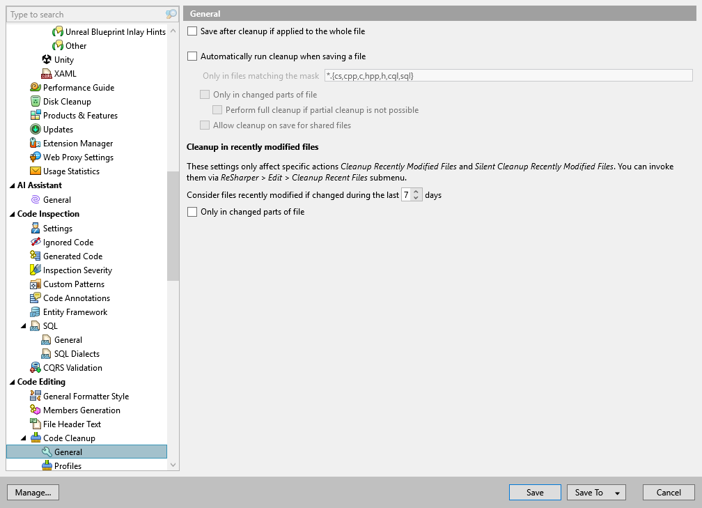 ReSharper options: Code Editing | Code Cleanup | General ReSharper options: Code Editing | Code Cleanup | General