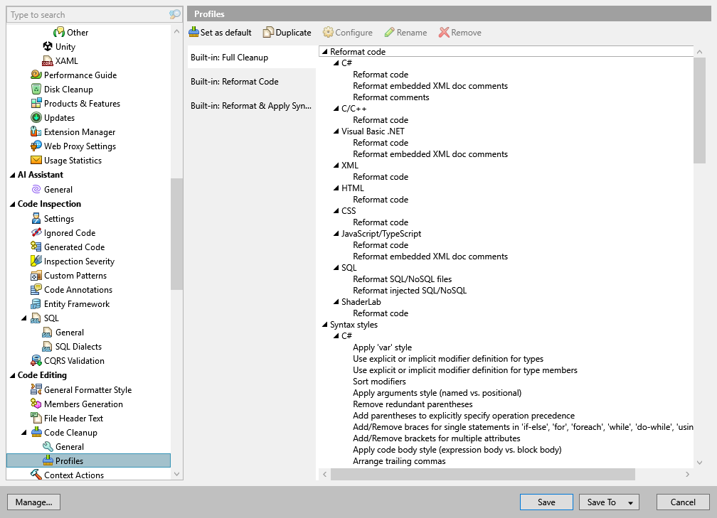 ReSharper options: Code Editing | Code Cleanup | Profiles ReSharper options: Code Editing | Code Cleanup | Profiles