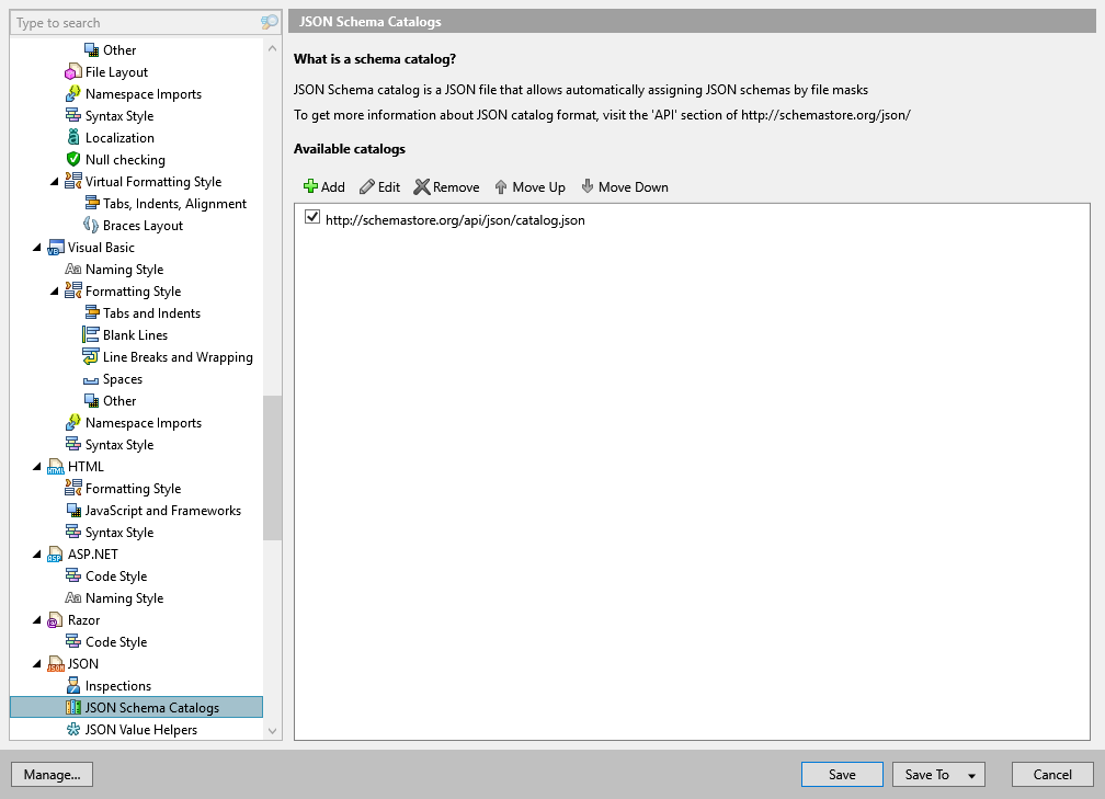 ReSharper options: Code Editing | JSON | JSON Schema Catalogs ReSharper options: Code Editing | JSON | JSON Schema Catalogs