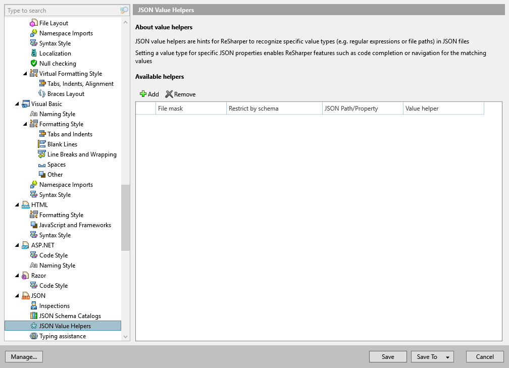 ReSharper options: Code Editing | JSON | JSON Value Helpers ReSharper options: Code Editing | JSON | JSON Value Helpers