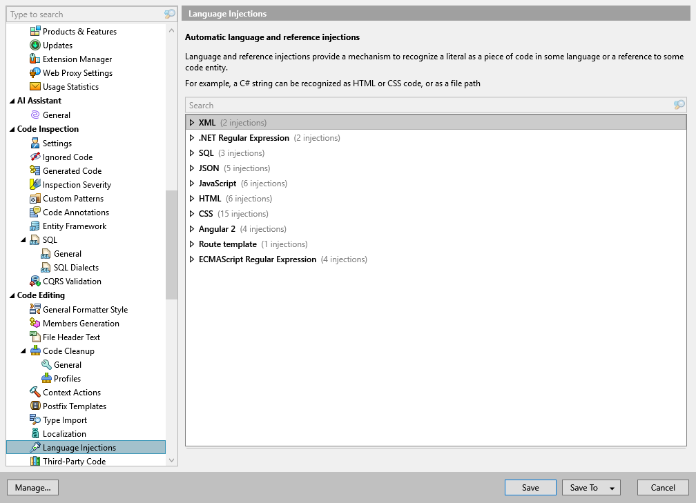 ReSharper options: Code Editing | Language Injections ReSharper options: Code Editing | Language Injections