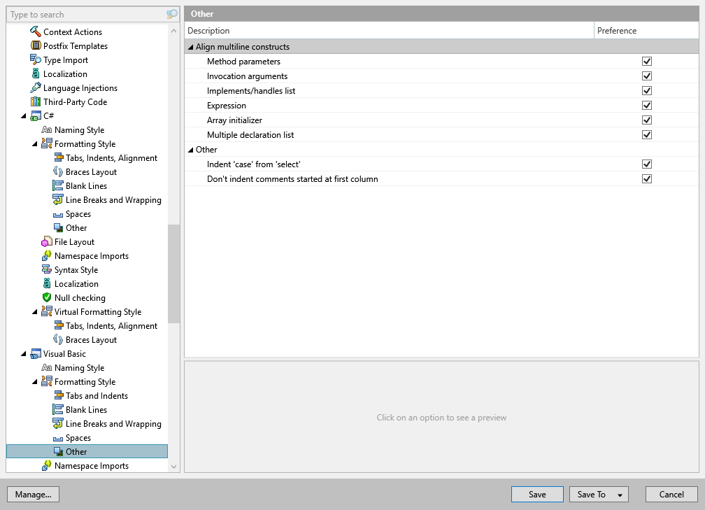 ReSharper options: Code Editing | Visual Basic | Formatting Style | Other ReSharper options: Code Editing | Visual Basic | Formatting Style | Other