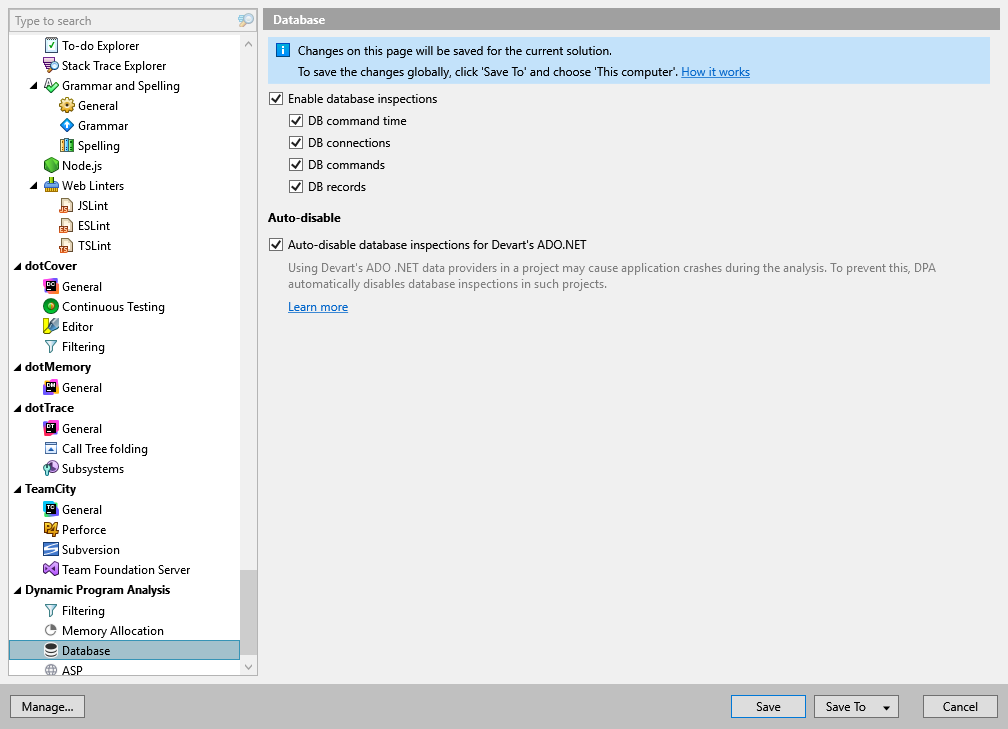 ReSharper options: Dynamic Program Analysis | Database