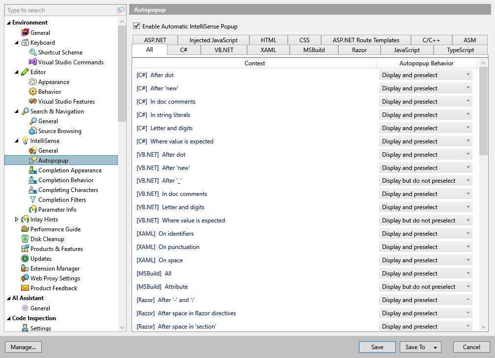 ReSharper options: Environment | IntelliSense | Autopopup ReSharper options: Environment | IntelliSense | Autopopup