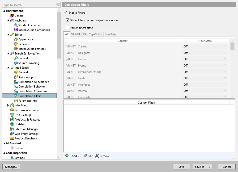 ReSharper options: Environment | IntelliSense | Completion Filters