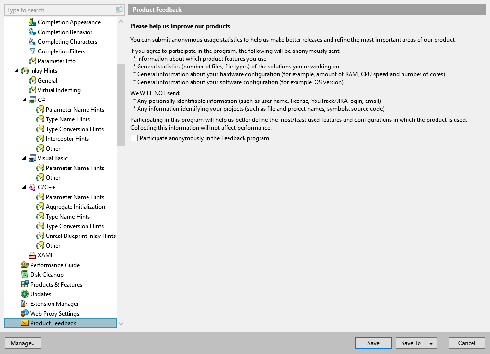 ReSharper options: Environment | Product Feedback