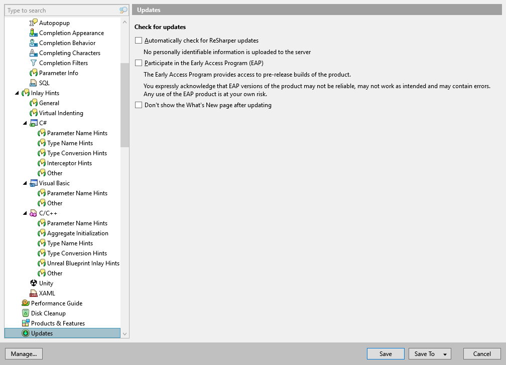 ReSharper options: Environment | Updates ReSharper options: Environment | Updates
