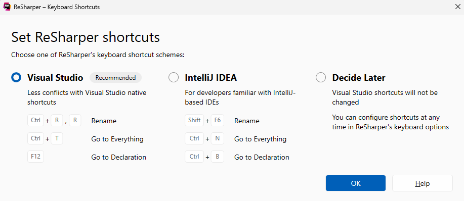 Choosing ReSharper keyboard shortcuts scheme Choosing ReSharper keyboard shortcuts scheme