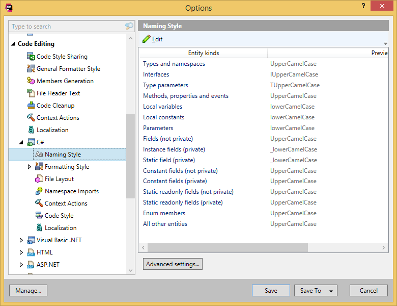 Naming style settings in ReSharper options Naming style settings in ReSharper options