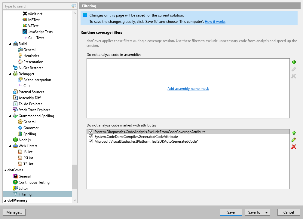 dotCover options: dotCover | Filtering