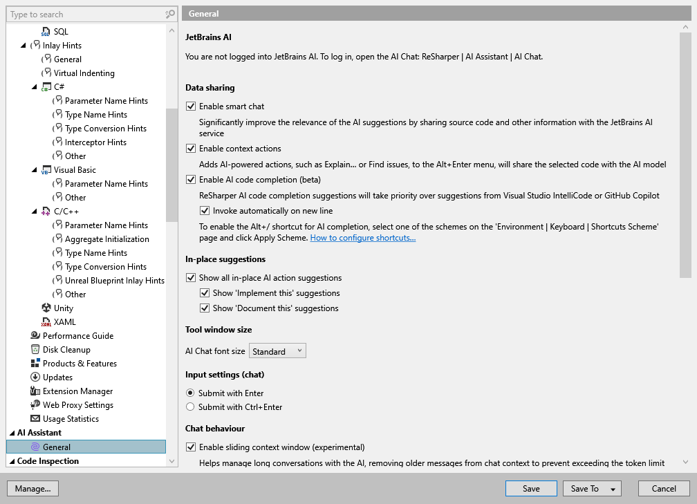 ReSharper options: AI Assistant | General ReSharper options: AI Assistant | General