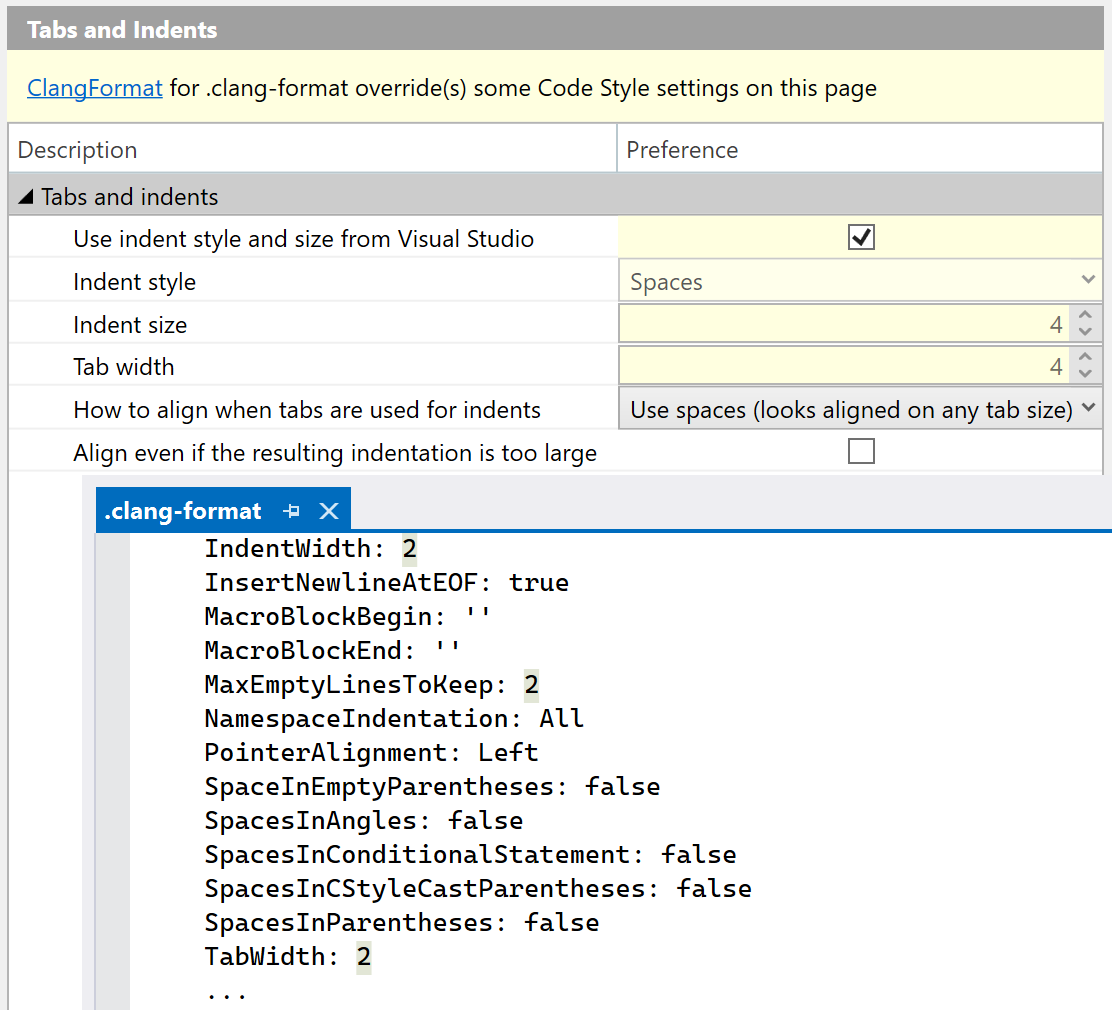 Code formatting options overridden by Clang-Format styles