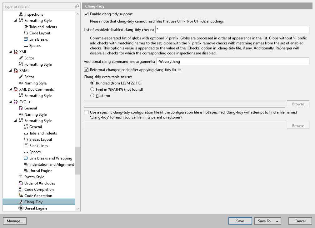 ReSharper options: Code Editing | C/C++ | Clang-Tidy