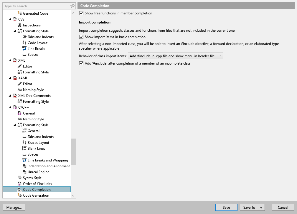ReSharper options: Code Editing | C/C++ | Code Completion
