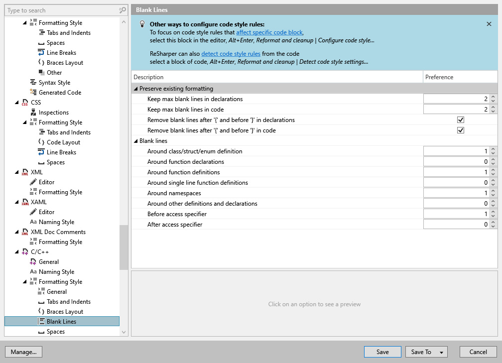 ReSharper options: Code Editing | C/C++ | Formatting Style | Blank Lines