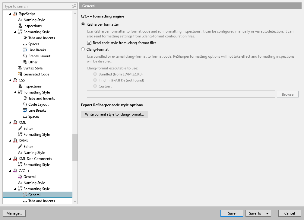 ReSharper options: Code Editing | C/C++ | Formatting Style | General
