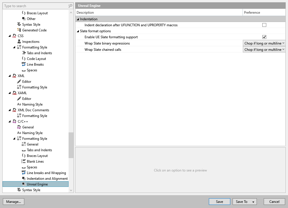 ReSharper options: Code Editing | C/C++ | Formatting Style | Unreal Engine