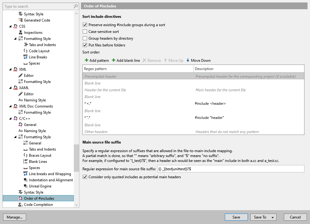 ReSharper options: Code Editing | C/C++ | Order of #includes