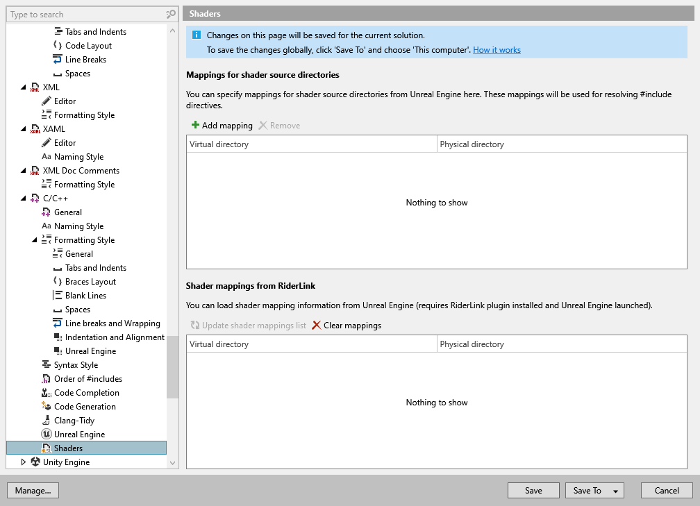 ReSharper options: Code Editing | C/C++ | Shaders