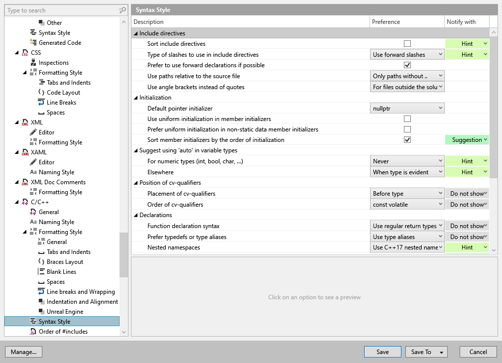 ReSharper options: Code Editing | C++ | Syntax Style