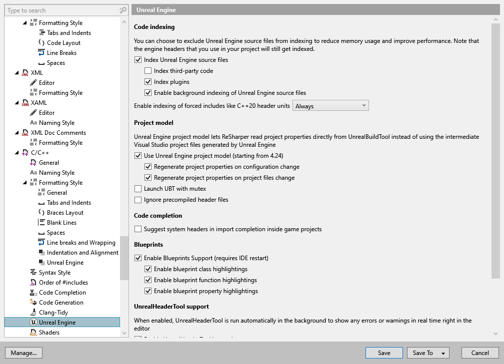ReSharper 选项：代码编辑 | C/C++ | Unreal Engine