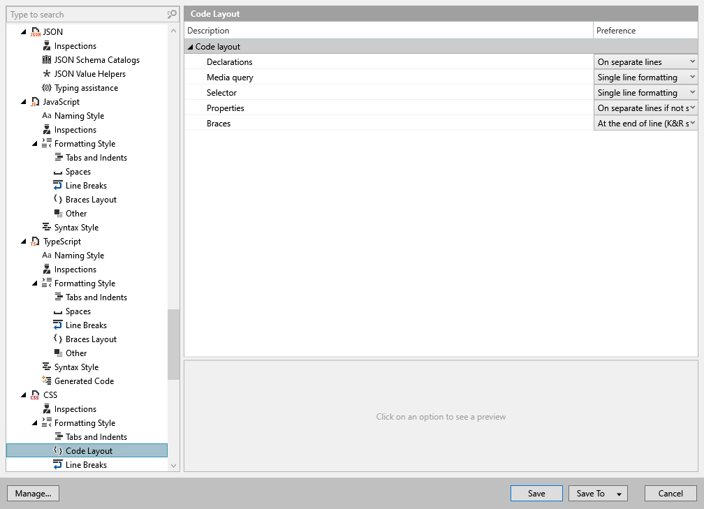 ReSharper options: Code Editing | CSS | Formatting Style | Code Layout