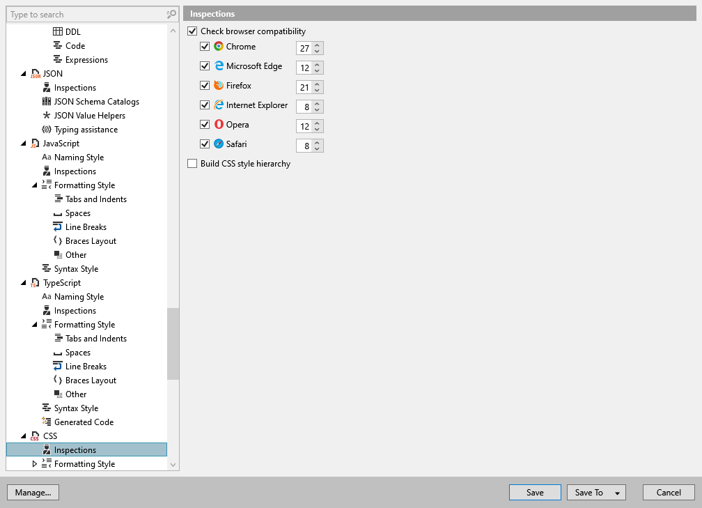 ReSharper options: Code Editing | CSS | Inspections