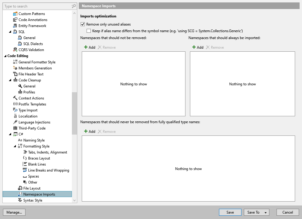 ReSharper options: Code Editing | C# | Namespace Imports