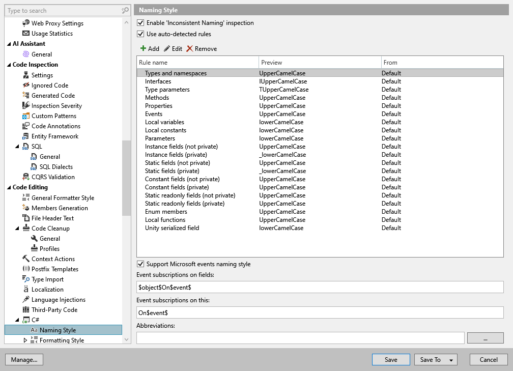 ReSharper options: Code Editing | C# | Casing