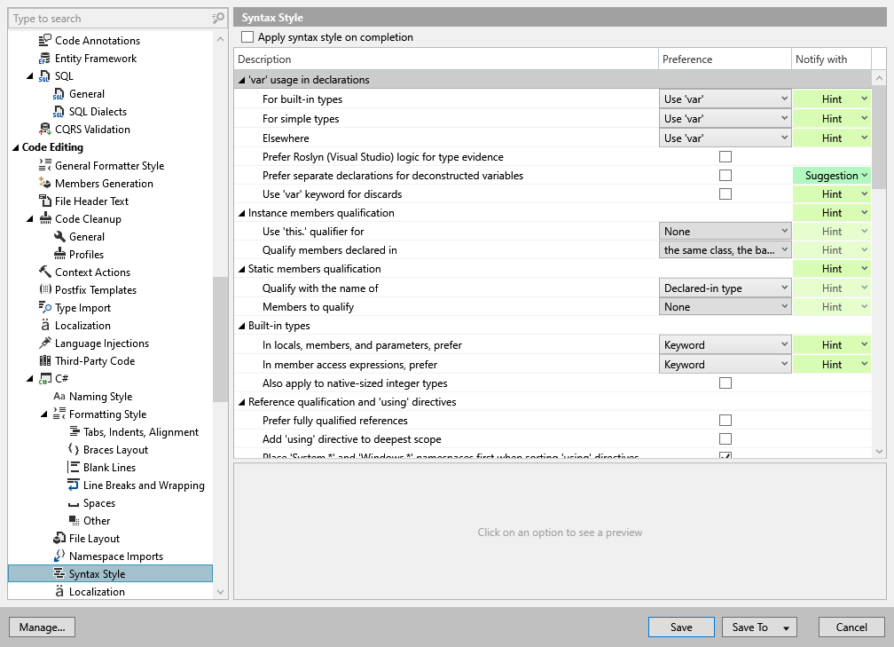 ReSharper options: Code Editing | C# | Syntax Style ReSharper options: Code Editing | C# | Syntax Style
