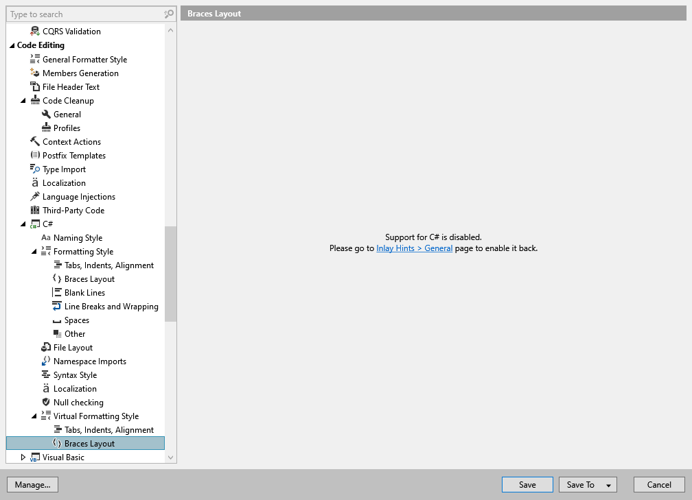 ReSharper options: Code Editing | C# | Virtual Formatting Style | Braces Layout