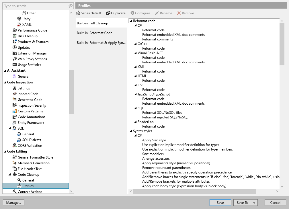 ReSharper options: Code Editing | Code Cleanup | Profiles ReSharper options: Code Editing | Code Cleanup | Profiles