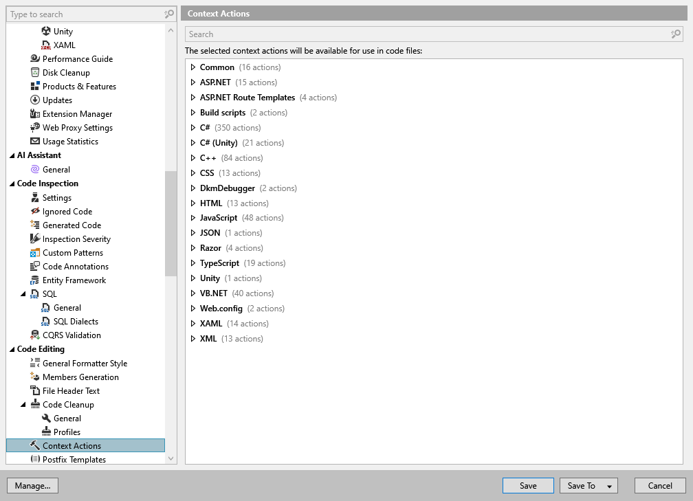ReSharper 选项：代码编辑 | 上下文操作