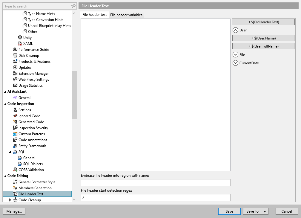 ReSharper options: Code Editing | File Header Text