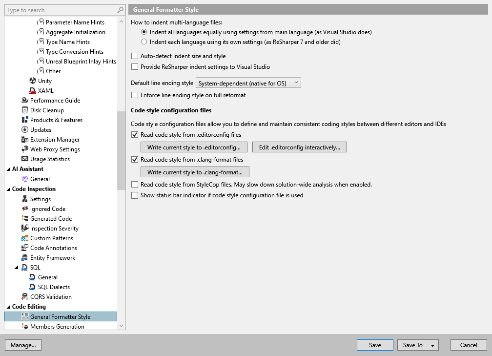 ReSharper options: Code Editing | General Formatter Style