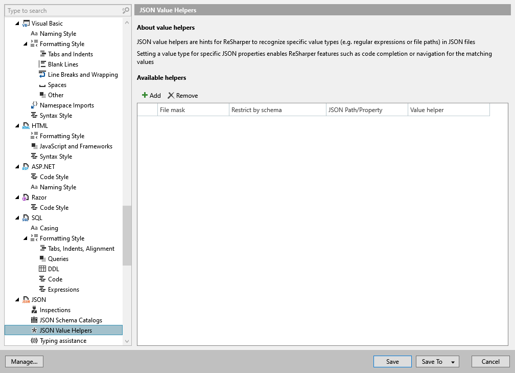ReSharper 选项：代码编辑 | JSON | JSON 值助手