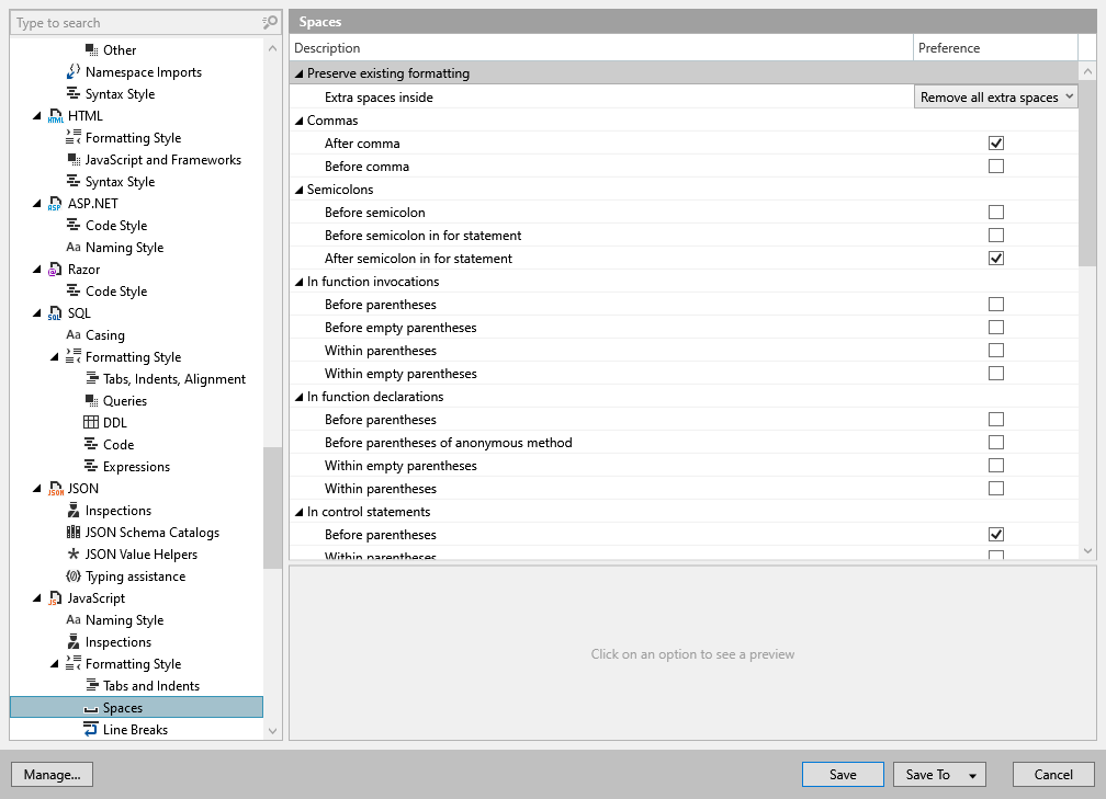 ReSharper 选项:代码编辑 | JavaScript | 格式化样式 | 空格 ReSharper 选项:代码编辑 | JavaScript | 格式化样式 | 空格