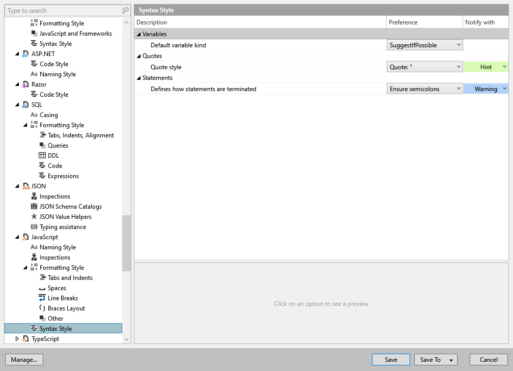 ReSharper options: Code Editing | JavaScript | Syntax Style