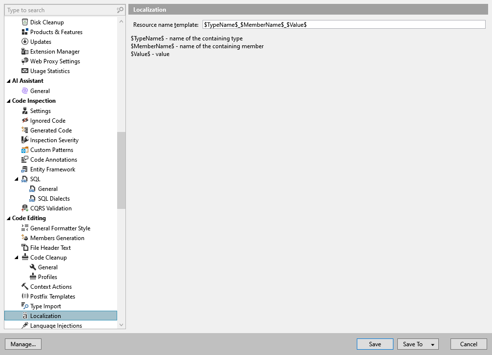 ReSharper 选项：代码编辑 | 本地化