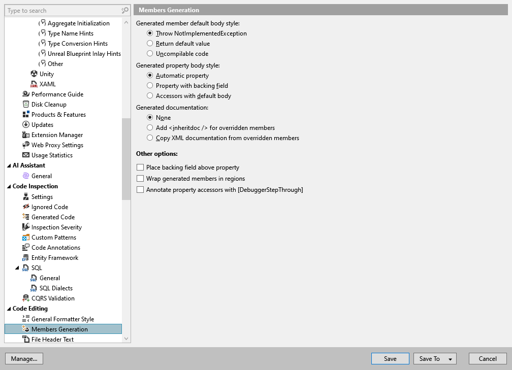ReSharper 选项：代码编辑 | 成员生成