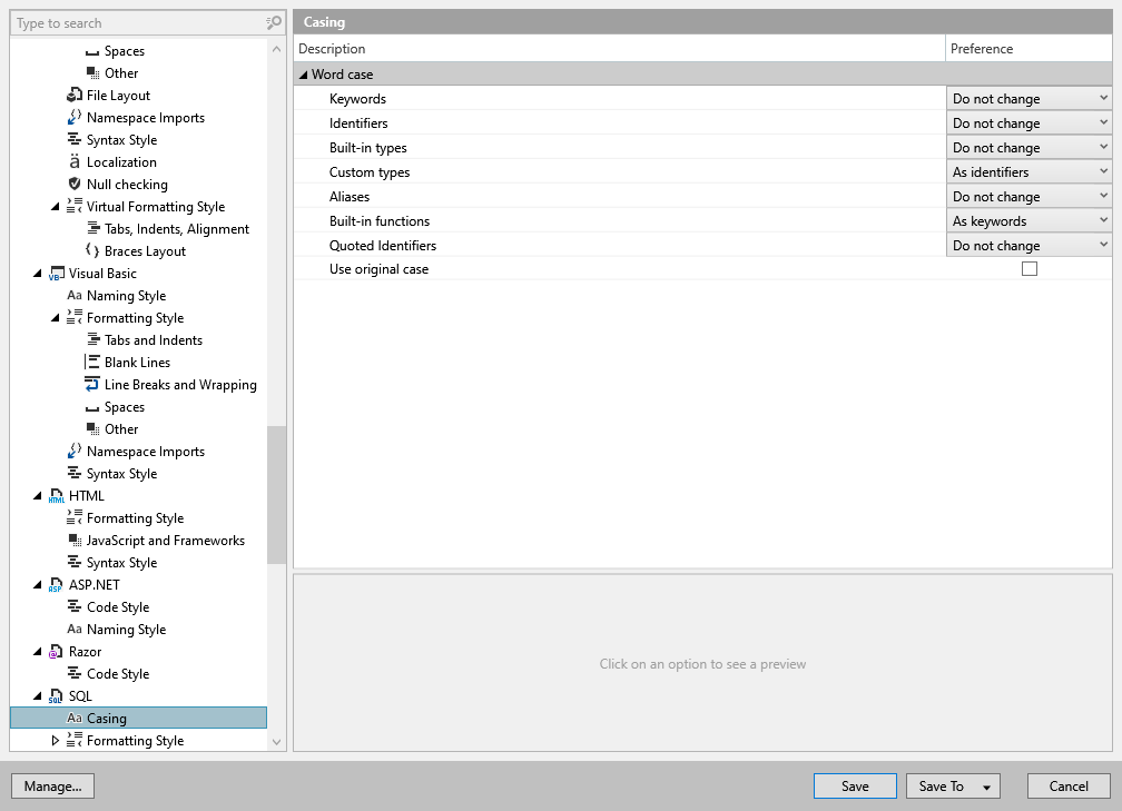 ReSharper options: Code Editing | SQL | Casing ReSharper options: Code Editing | SQL | Casing