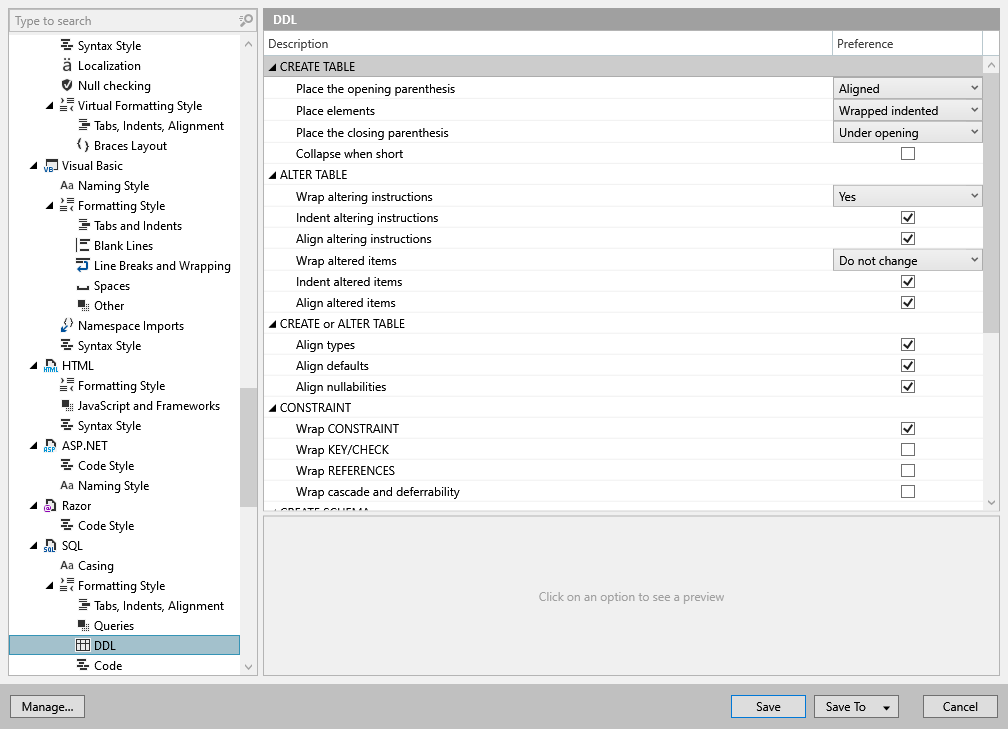 ReSharper options: Code Editing | SQL | Formatting Style | DDL