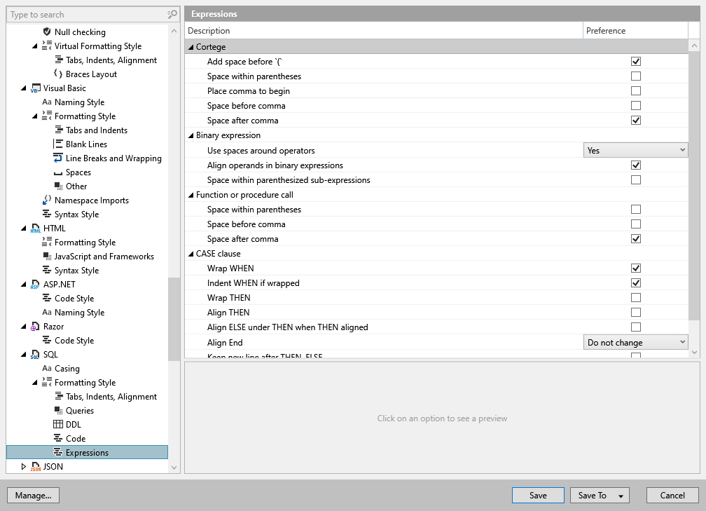 ReSharper options: Code Editing | SQL | Formatting Style | Expressions