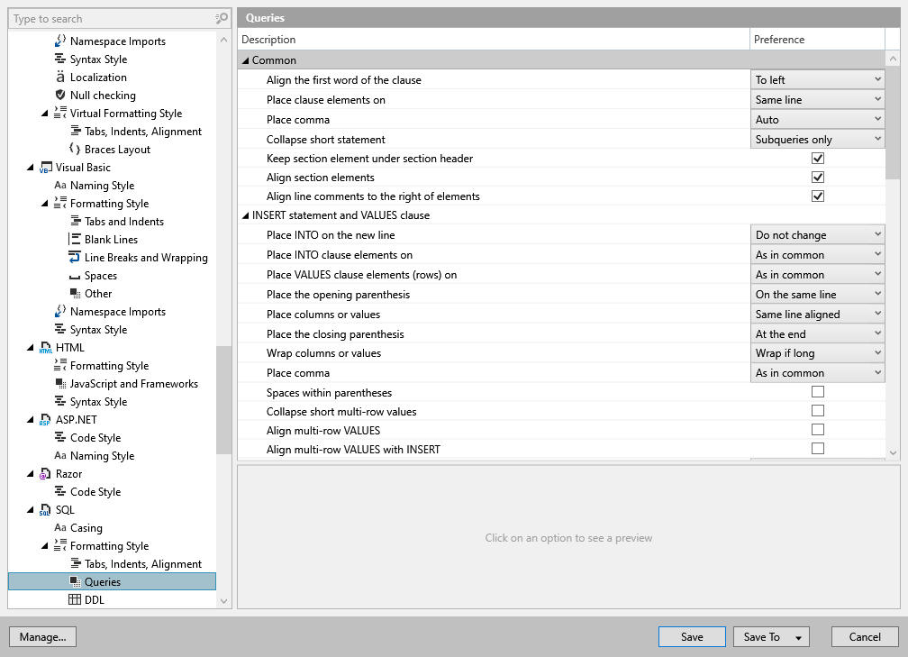 ReSharper options: Code Editing | SQL | Formatting Style | Queries ReSharper options: Code Editing | SQL | Formatting Style | Queries
