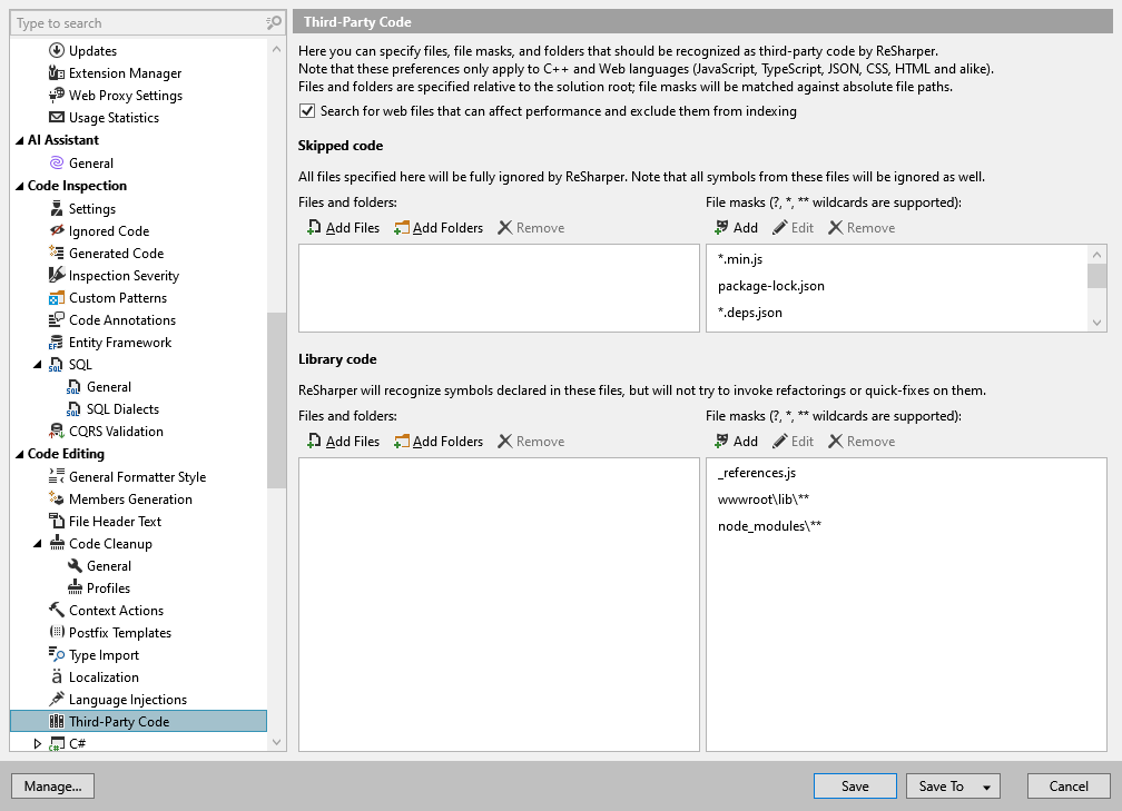 ReSharper options: Code Editing | Third-Party Code