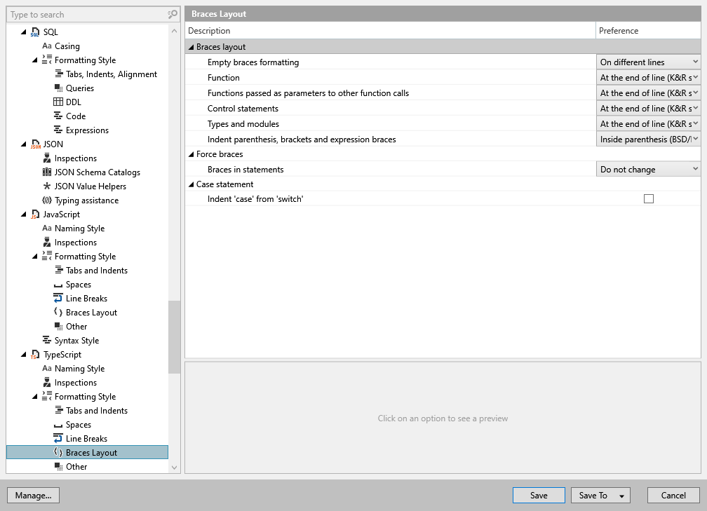 ReSharper options: Code Editing | TypeScript | Formatting Style | Braces Layout