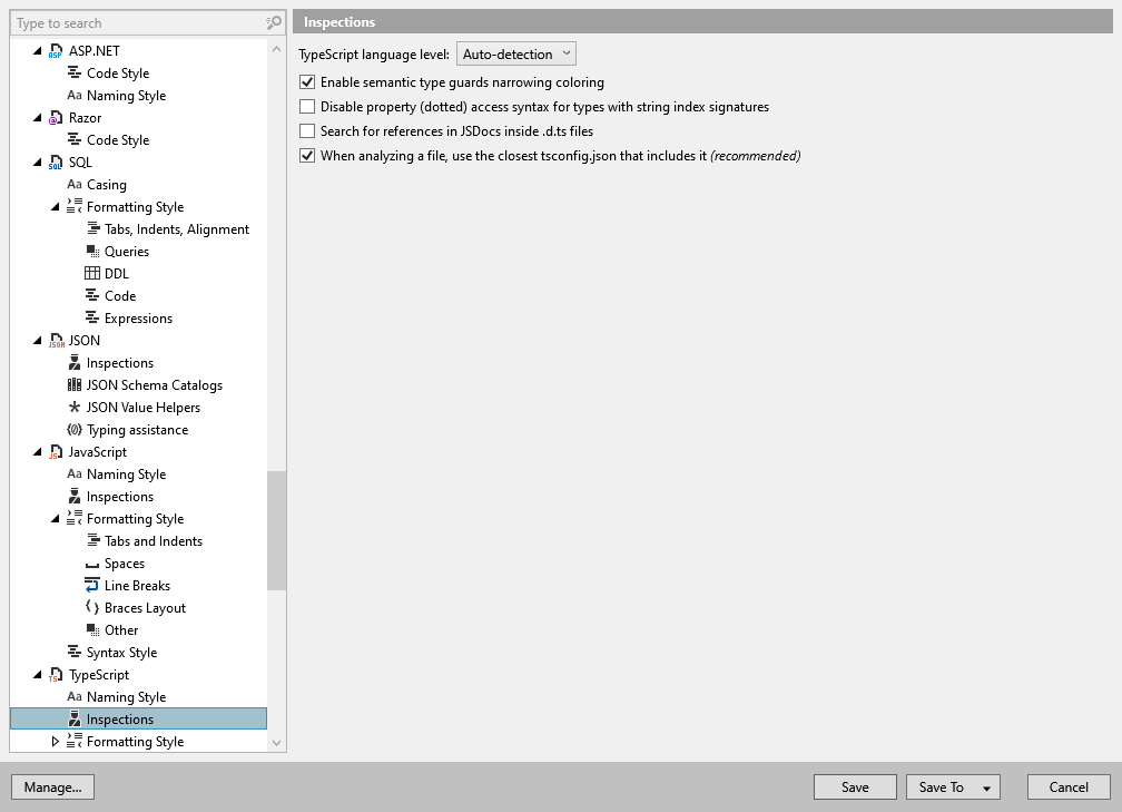 ReSharper options: Code Editing | TypeScript | Inspections ReSharper options: Code Editing | TypeScript | Inspections